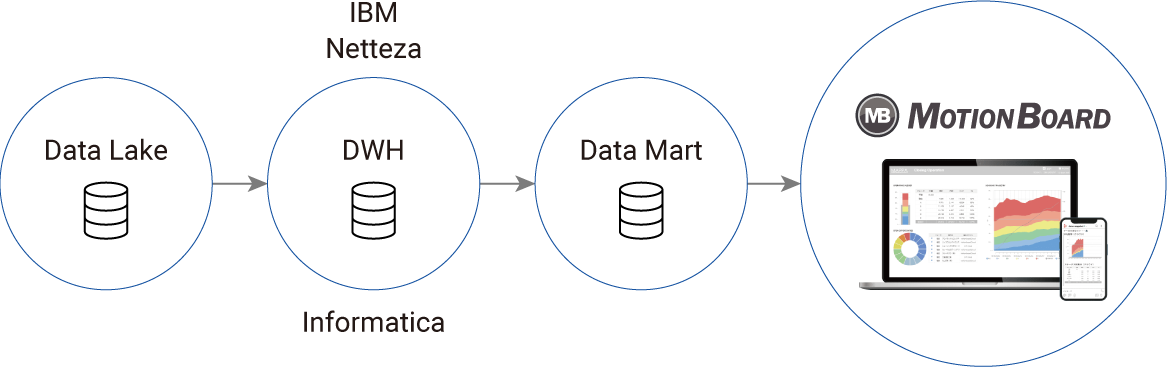 MotionBoard、IBM Netteza、informaticaを連携させたソリューションの図